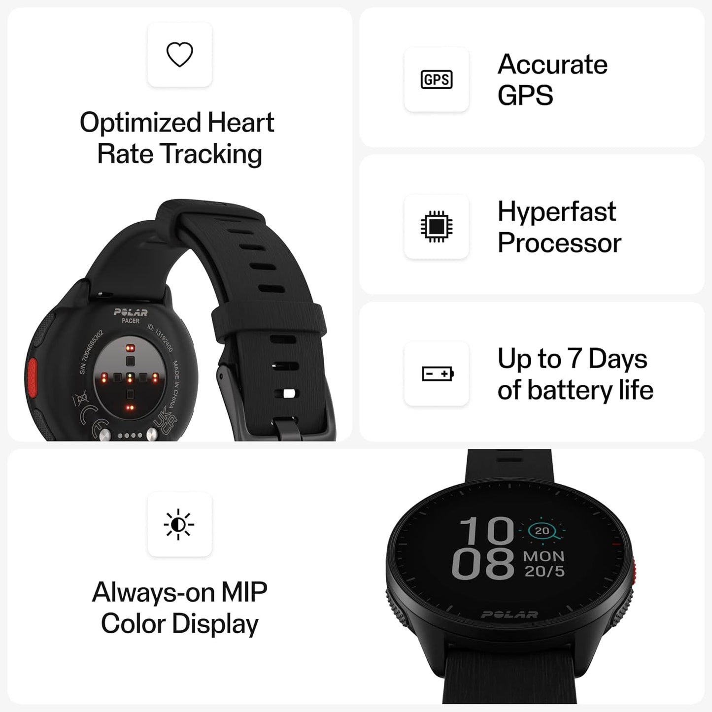 Polar Pacer Night Black S/L GPS Sportuhr Herzfrequenz Android iOS Wasserdicht - icomtech